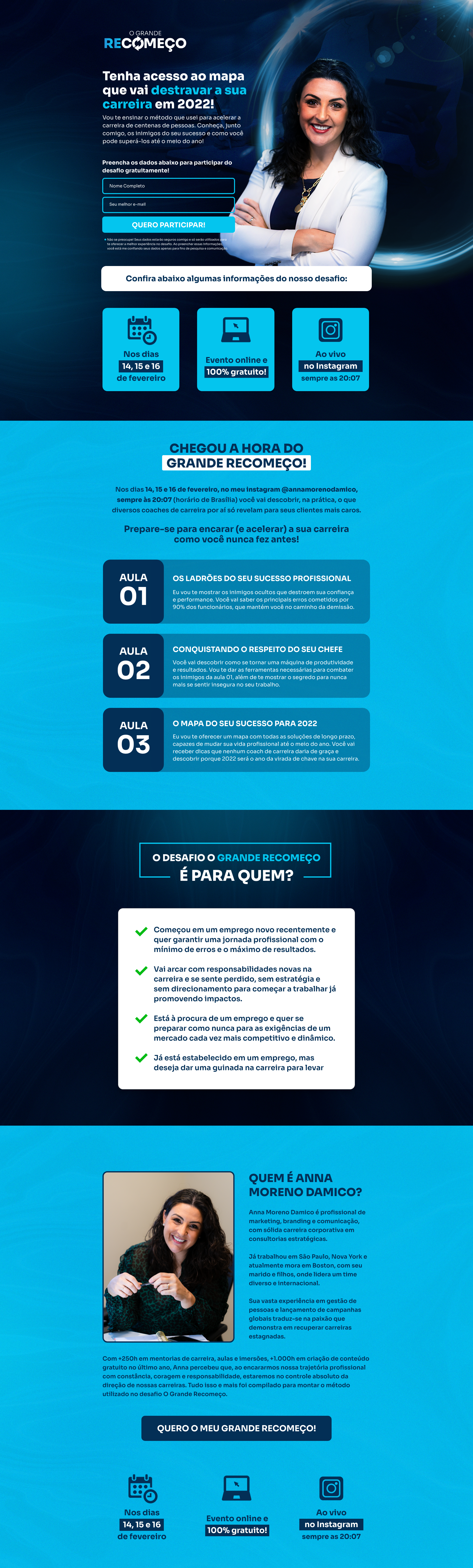 Página de captura para lançamento O Grande Recomeço com formulário de inscrição e foto da mentora Anna Moreno