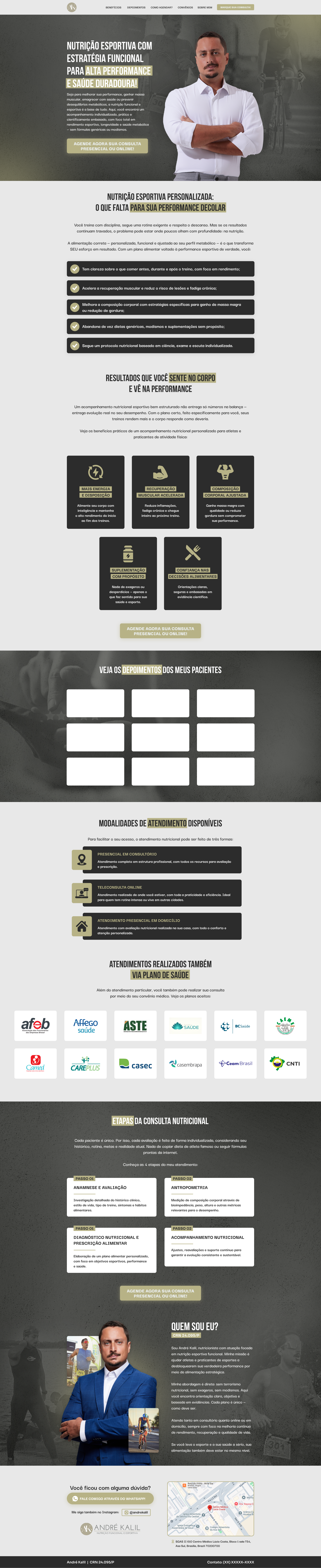 Site para nutricionista esportivo André Kalil com foto do profissional e textura estilo crossfit