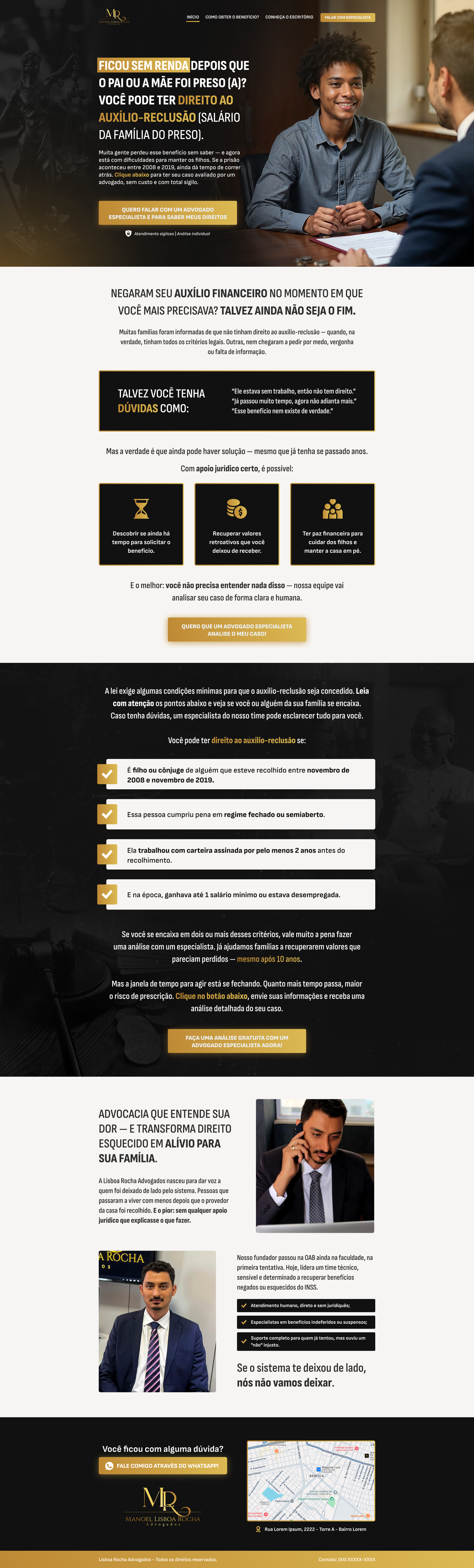 Landing page advocacia previdenciária Lisboa Rocha com headline sobre auxílio-reclusão