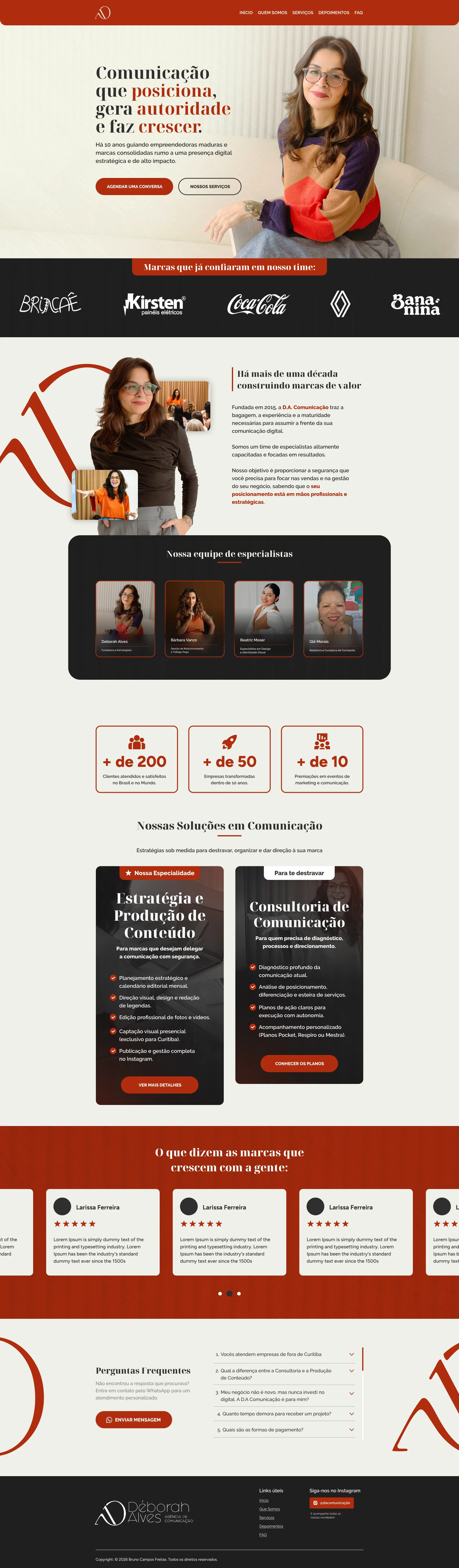 Site institucional da D.A. Comunicação com design clean e headline sobre posicionamento de marcas